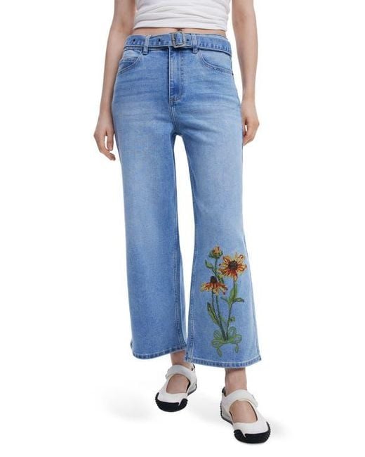 Desigual Blue Floral Embroidered Belted Crop Wide Leg Jeans