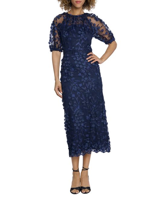 Maggy London Blue Floral Appliqué Illusion Midi Cocktail Dress