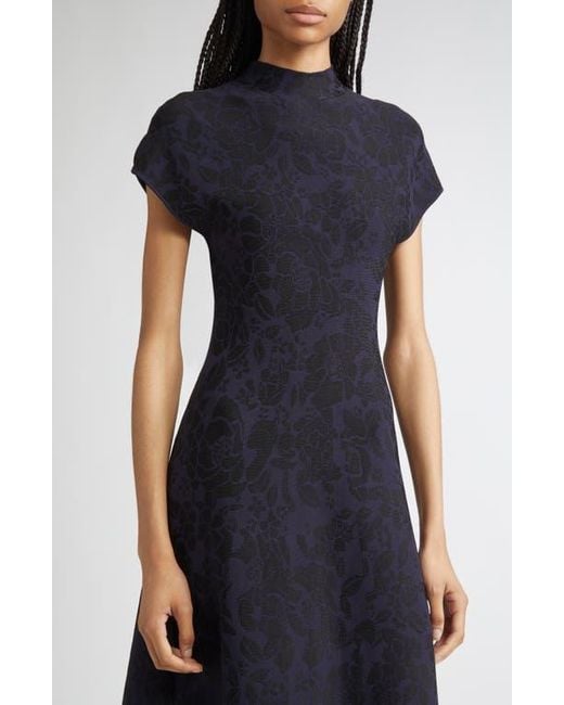 Lela Rose Women's Blue Mock Neck Floral Jacquard Midi Dress
