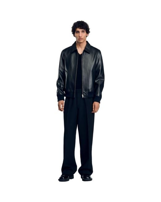 Sandro Blue Plain Leather Jacket for men