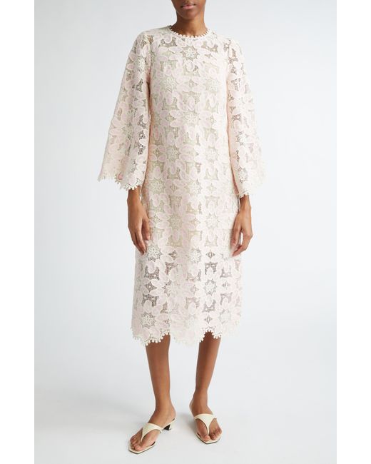 Zimmermann Natural Ottie Long Sleeve Guipure Lace Cotton Blend Midi Dress