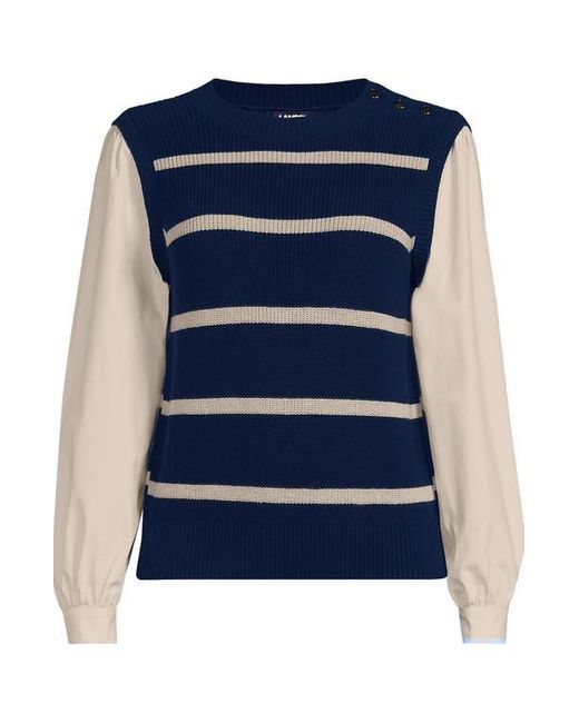 Lands' End Blue Drifter Shaker Button Shoulder Sweater Vest With Poplin Sleeves