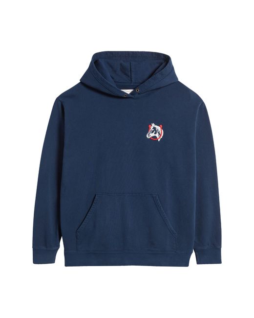 One Of These Days Blue Horse Shoe Embroidered Cotton Hoodie for men