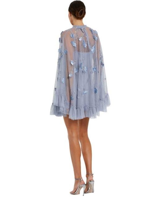 Mac Duggal Blue Embellished Mesh A-Line Dress With Flared Long Sleeves