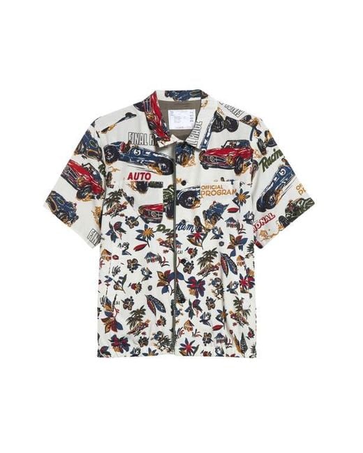 Sacai Car Race & Tropical Print Button-Up Shirt in Blue for