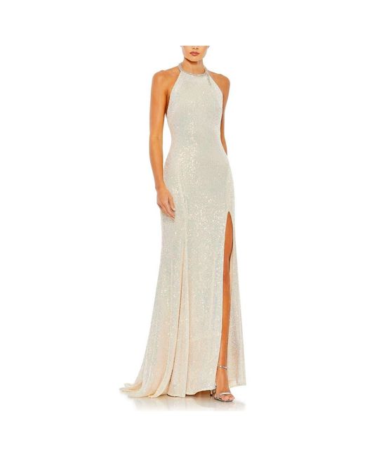 Mac Duggal Natural Sequined High Neck Rhinestone Trim Column Gown