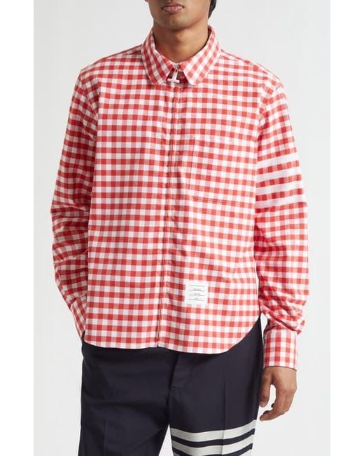 Thom Browne Red Gingham Cotton Zip Front Shirt Jacket for men