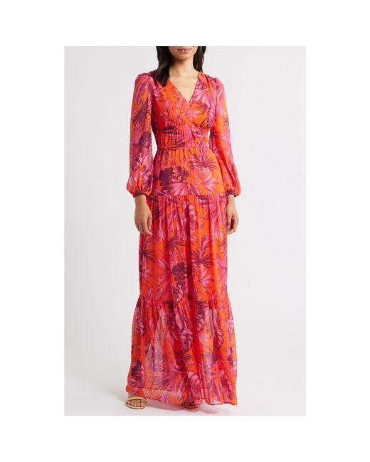 Eliza J V-Neck Long Sleeve Tiered Maxi Dress