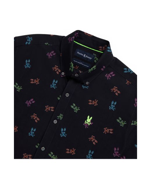 Psycho Bunny Black Bunny Print Stretch Short Sleeve Button-down Shirt for men