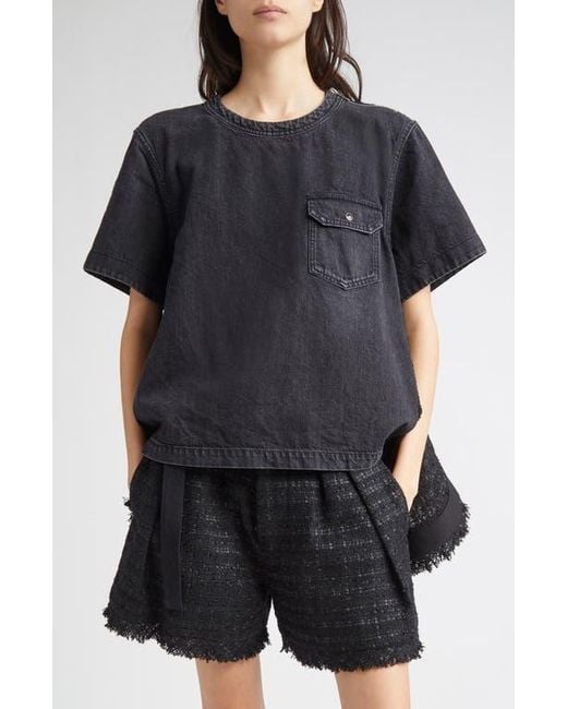 Sacai Mixed Media Denim & Tweed Top in Black | Lyst Sacai Mixed Media Denim & Tweed Top in Black | Lyst