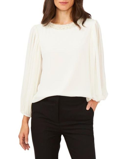 Chaus Women's White Embellished Balloon Sleeve Blouse