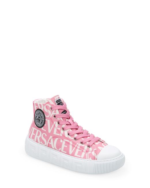 Versace Greca Logo Print High Top Sneaker in Pink | Lyst