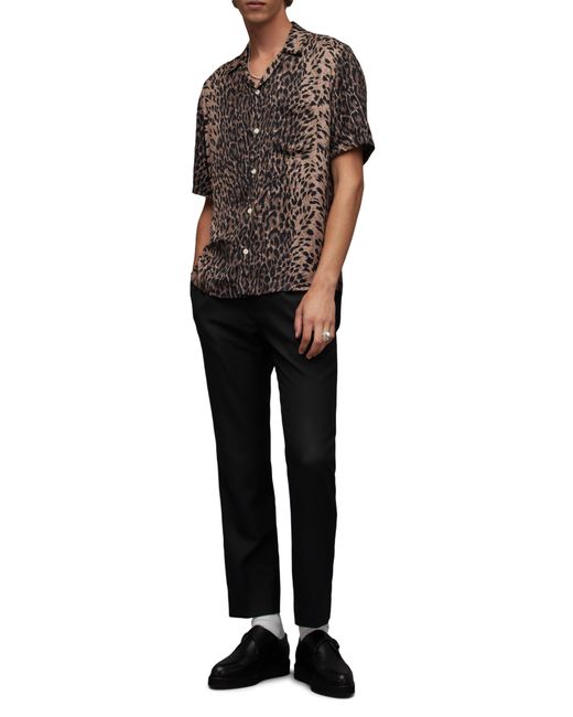 AllSaints Black Leoza Leopard Print Short Sleeve Button-up Camp Shirt for men
