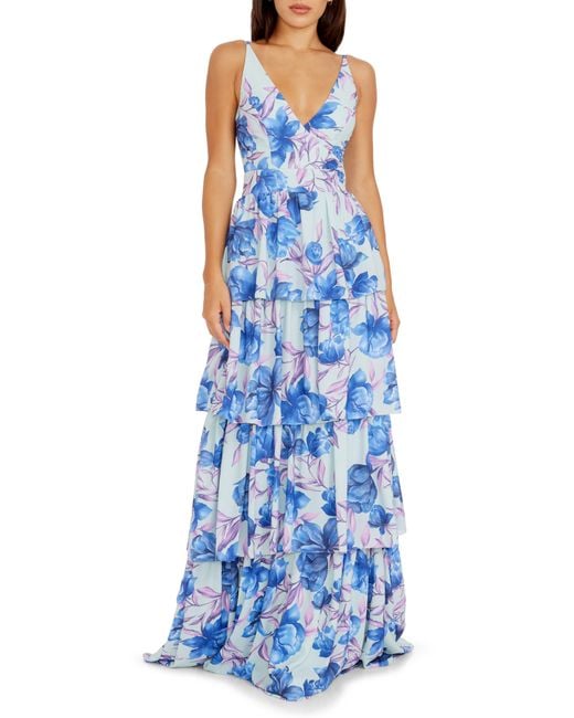Dress the Population Blue Lorain Floral Print Tiered Ruffle Gown