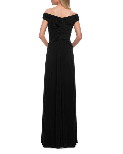 La Femme Black Off The Shoulder Net Jersey Long Dress With Ruching