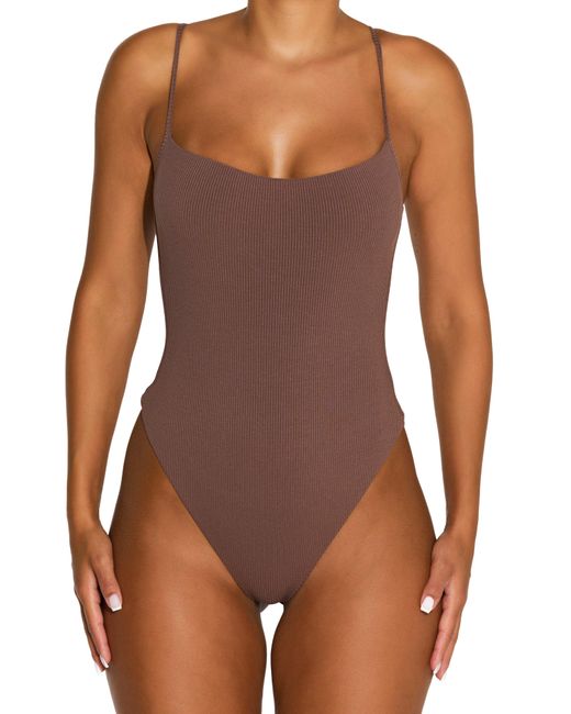 Naked Wardrobe Ribbed Compression Bodysuit in Brown