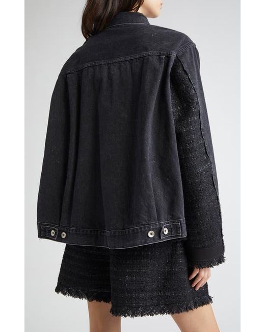 Sacai Mixed Media Denim & Tweed Trucker Jacket in Black | Lyst