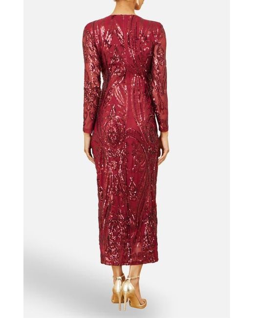 Yumi' Red Sequin Midi Long Sleeve Wrap Dress