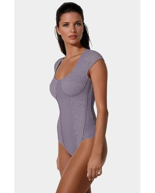 Bebe Blue Swiss Dot Lace Bodysuit