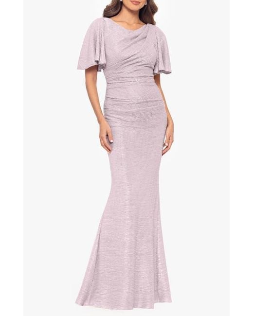 Betsy & Adam Pink Quicksilver Flutter Sleeve Trumpet Gown