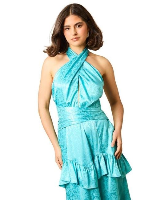 Oasis Blue Halterneck Satin Jacquard Midi Dress