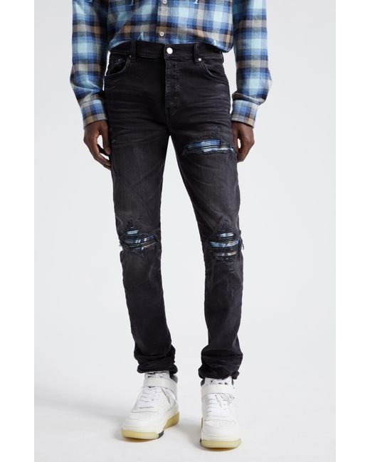 Amiri Blue Mx1 Plaid Ripped & Patched Stretch Skinny Jeans for men
