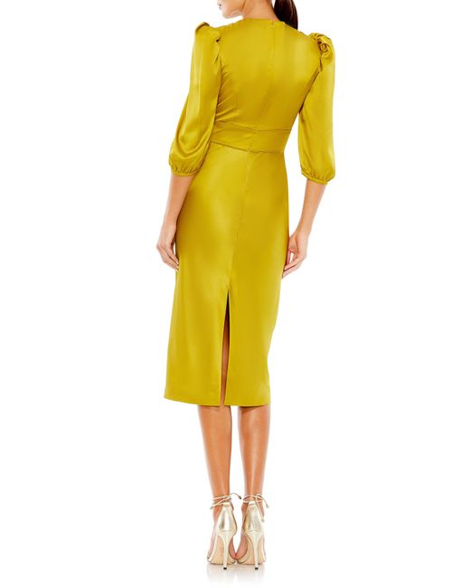 Mac Duggal Yellow Puff Sleeve Satin Midi Cocktail Dress