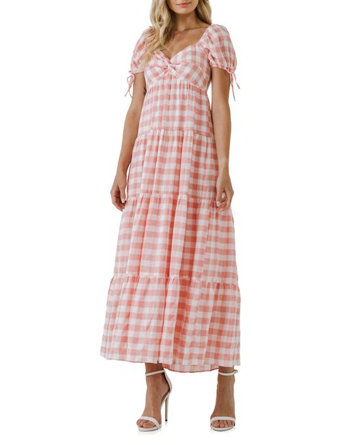 English Factory Pink Gingham Knot Tiered Cotton Blend Midi Dress
