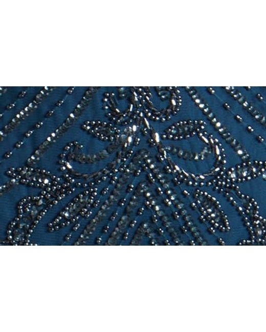 Pisarro Nights Blue Illusion Beaded Mesh Column Gown
