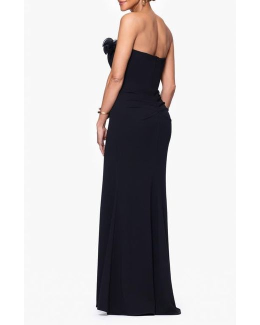 Xscape Evenings Blue Ruffle Detail Strapless Scuba Crepe Sheath Gown