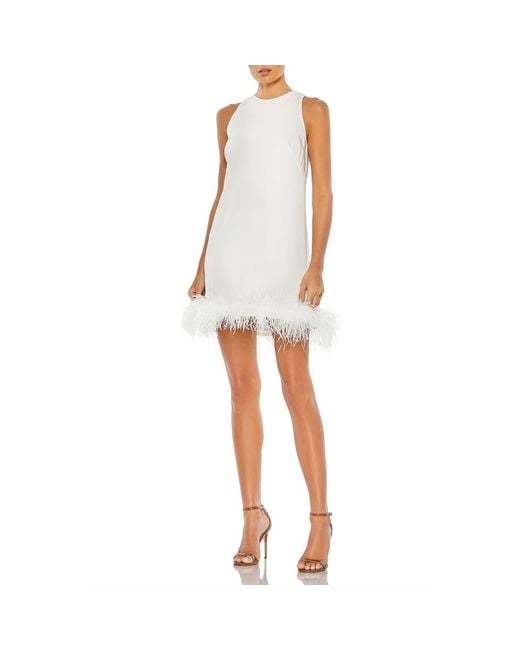 Mac Duggal Women's White Feather Hem High Neck A-Line Dress