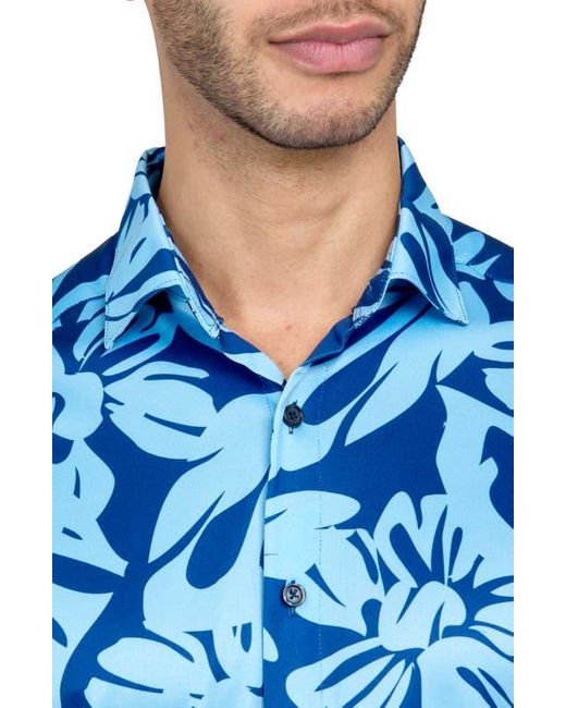 Con.struct Blue Regular Fit Exploded Floral Print Recycled Performance Golf Button-Down Shirt for men