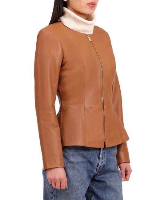 Bagatelle Brown Genuine Leather Zip Front Peplum Jacket