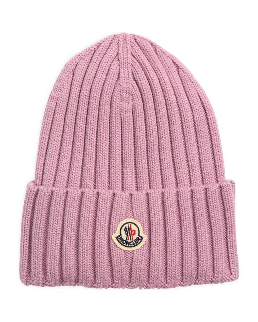 Moncler Pink Logo Patch Rib Wool Beanie