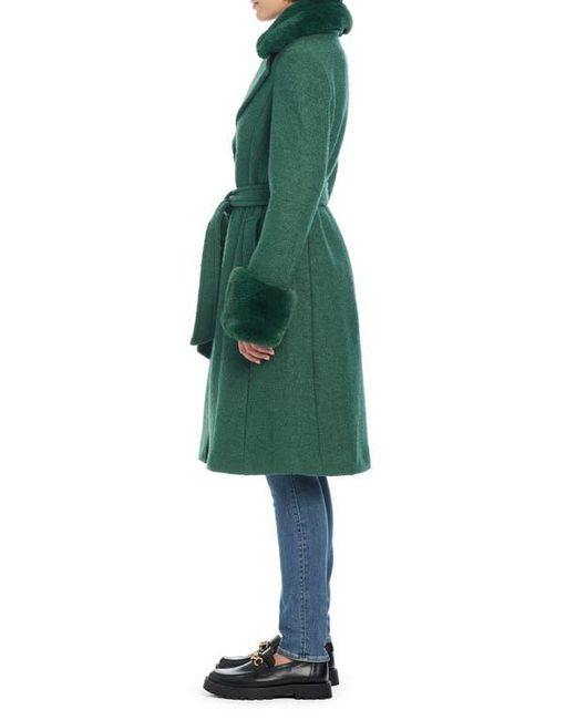 Kate Spade Green Club Belted Wool Blend Coat With Removable Faux Fur Collar And Cuffs