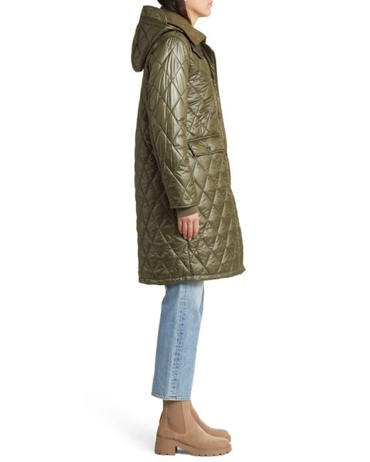 Lucky Brand Green Diamond Quilted Coat With Faux Fur Lining