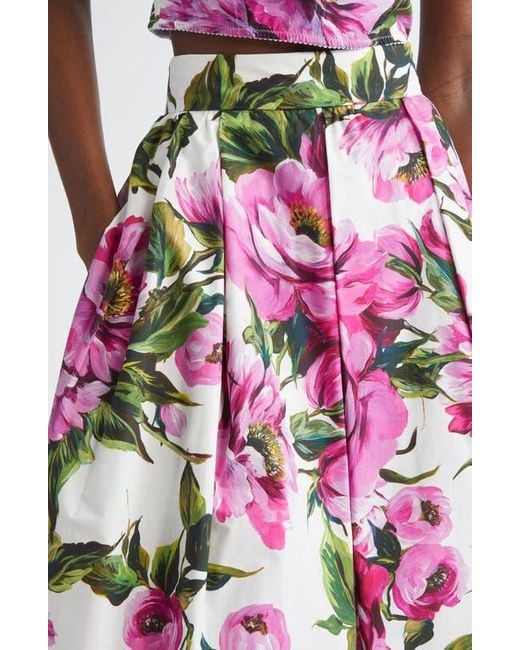 Dolce & Gabbana Peony Print Pleated Cotton Poplin Skirt in