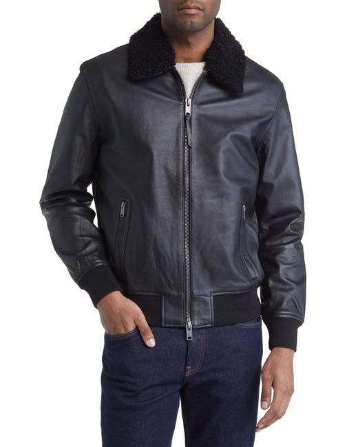 Frye Blue Leather Bomber Jacket With Removable Faux Shearling Collar for men