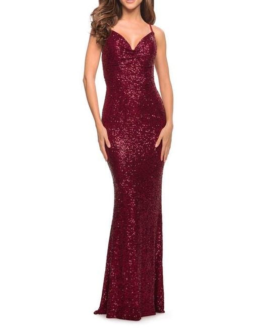 La Femme Red Soft Sequin Long Gown With Lace Up Back