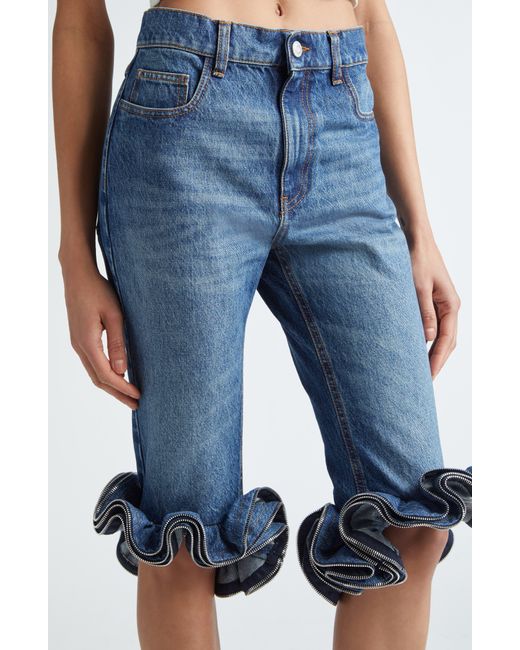 Coperni Blue Zipper Ruffles Crop Jeans