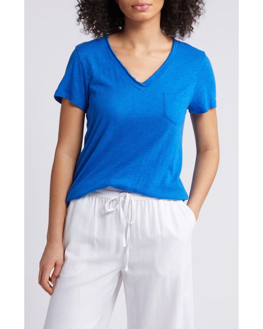 Caslon Blue Caslon(r) V-neck Short Sleeve Pocket T-shirt