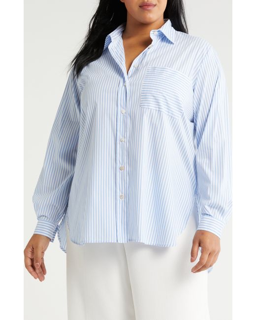 Marina Rinaldi Blue Citrato Oversize Directional Stripe Cotton Blend Button-up Shirt