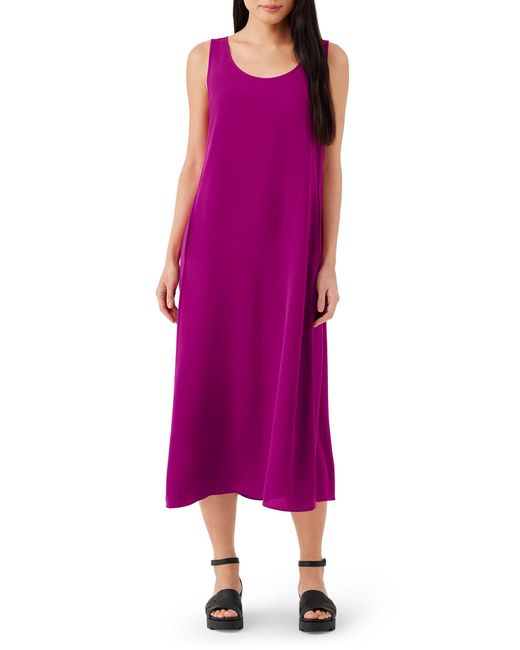 Eileen Fisher Purple Scoop Neck Silk Georgette Midi Dress