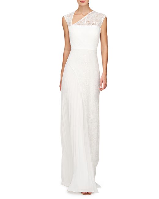 Kay Unger White Dianna Lace Pleated Gown