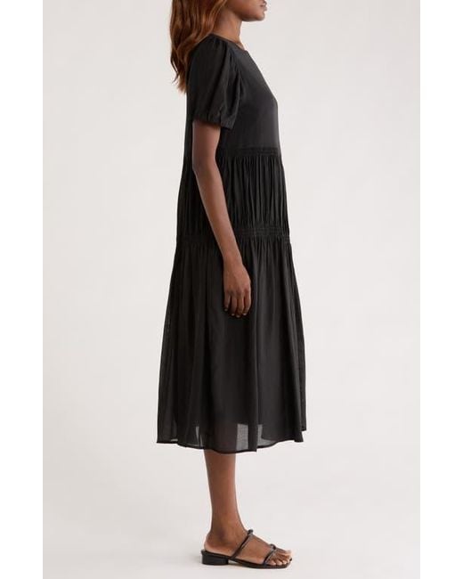 MELLODAY Black Puff Sleeve Smocked Tiered Midi Dress