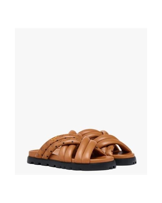 MCM White Monogram Print Cross Sandals for men