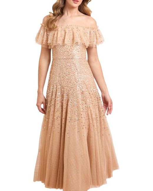 Needle & Thread Brown Dappled Sequin Off-Shoulder Ankle Gown
