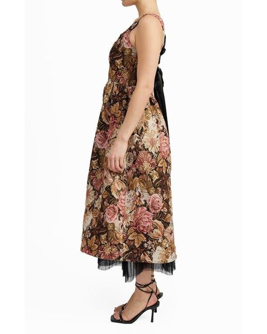 En Saison Carey Jacquard Lace Up Back Midi Dress in Brown Lyst