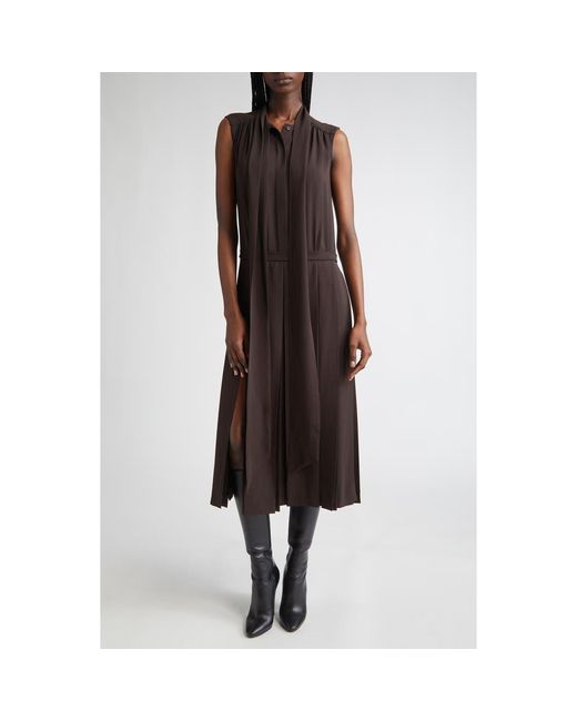 Michael Kors Brown Pleated Tie Neck Sleeveless Silk Shirtdress
