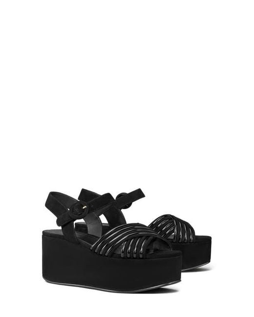 Tory Burch Black Bombé Ankle Strap Platform Wedge Sandal